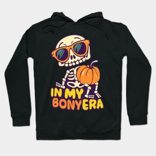 In My Bony Era Tee Halloween Skeleton with Glasses holding Pumpkin Hoodie